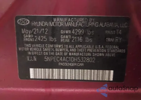 2013 Hyundai Sonata Se z USA, uszkodzony, nr VIN 5NPEC4AC1DH532802